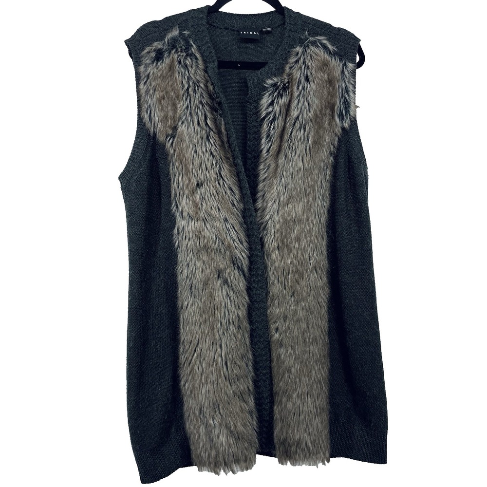 TRIBAL Size L Faux Fur Knit Vest Gray Tan Women's Boho Western Layers‎ Mob wife